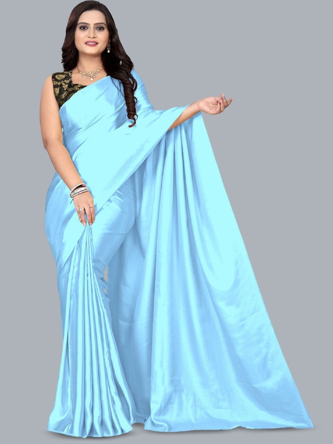 

JULEE Solid Satin Saree, Turquoise blue