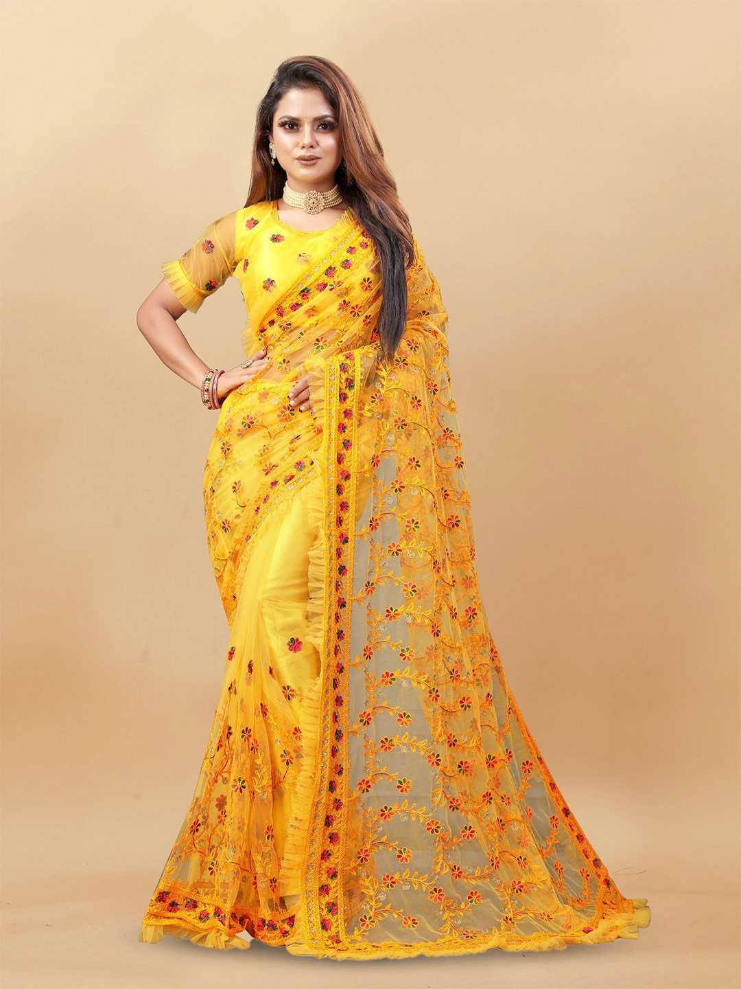 

JULEE Floral Zari Net Saree, Yellow