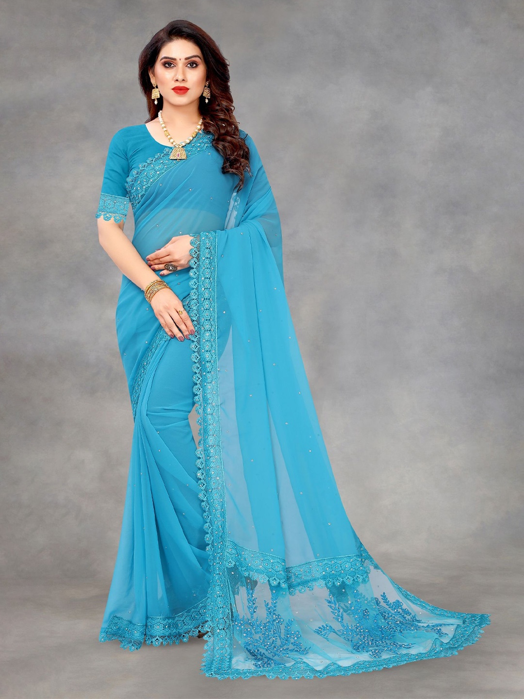 

JULEE Embellished Embroidered Pure Georgette Saree, Turquoise blue