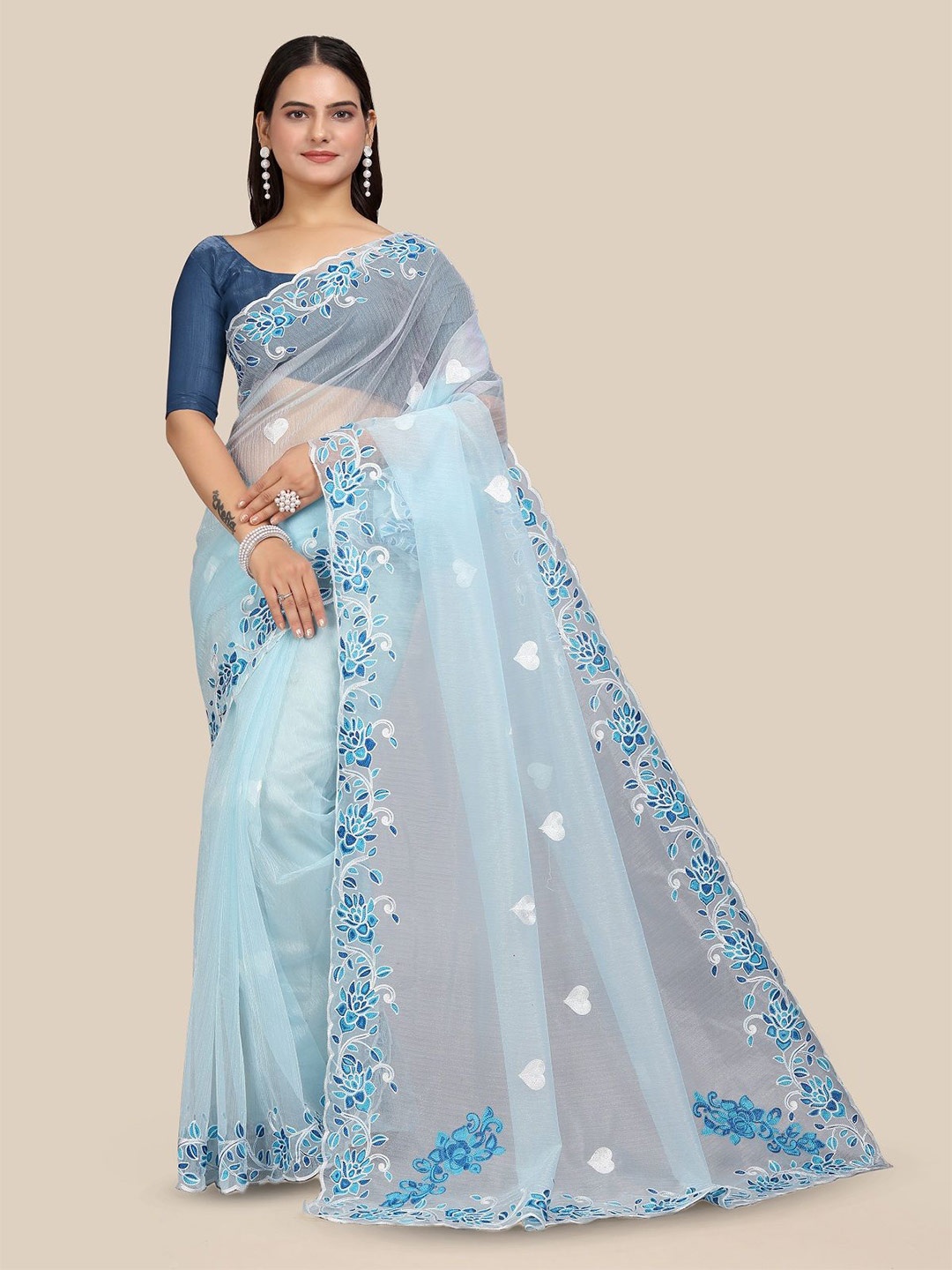 

JULEE Embellished Embroidered Net Saree, Turquoise blue