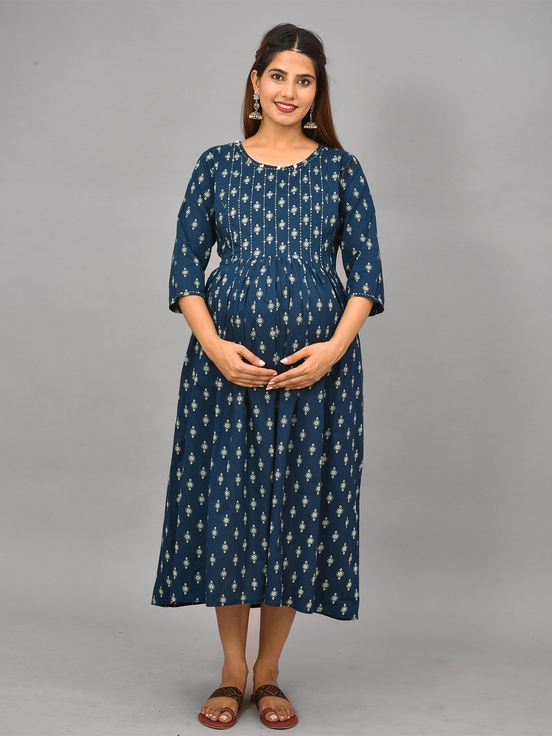 

Negen Ethnic Motifs Print Maternity Fit and Flare Ethnic Dress, Blue