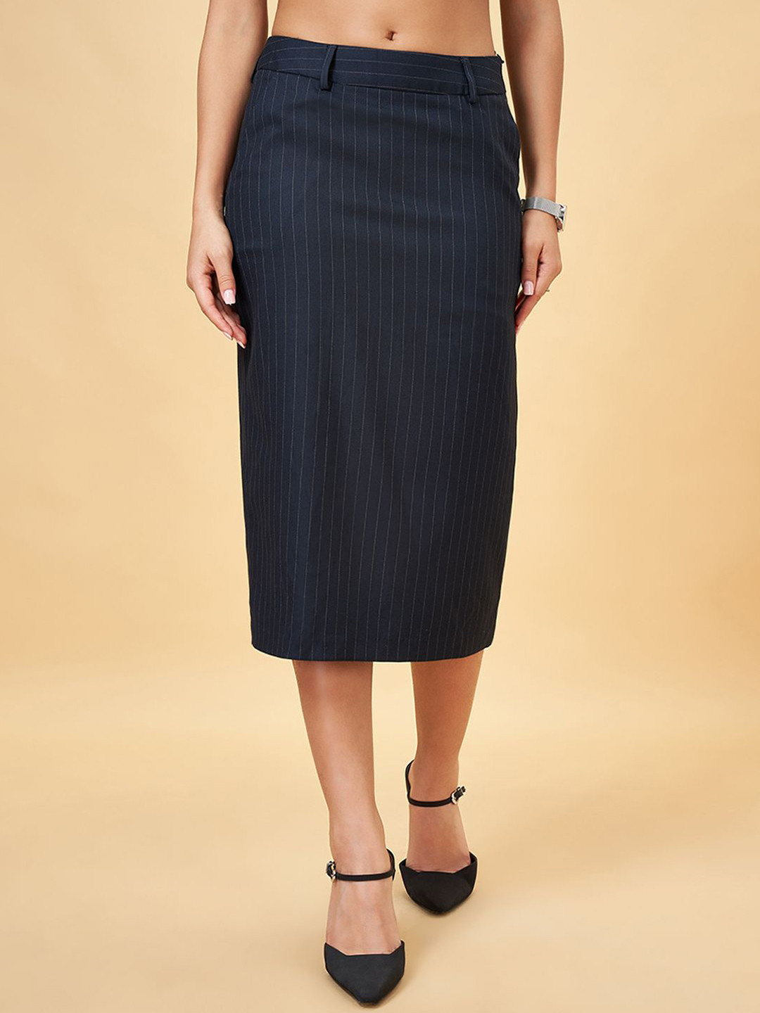 

Annabelle by Pantaloons Striped Straight Midi Skirts, Navy blue
