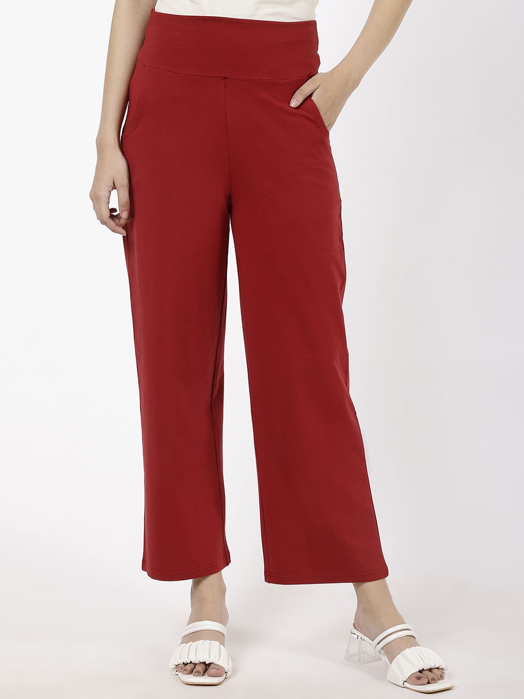 

SPIFFY Women Smart Loose Fit High-Rise Trousers, Maroon