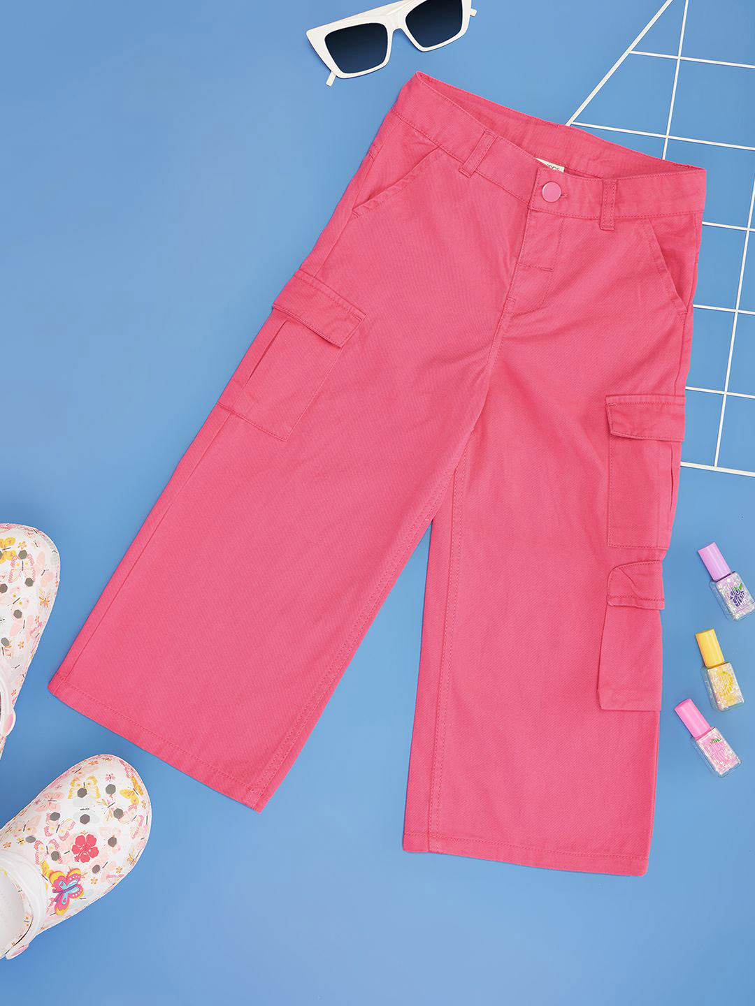 

Pantaloons Junior Girls Flared Pure Cotton Cargo Trousers, Pink
