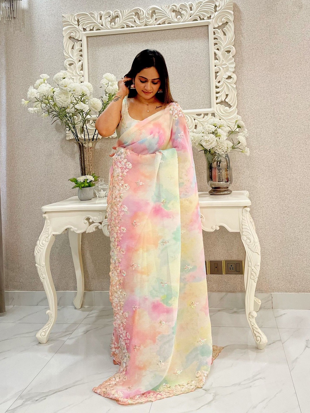 

LeeliPeeri Designer Floral Embroidered Pure Georgette Saree, Pink