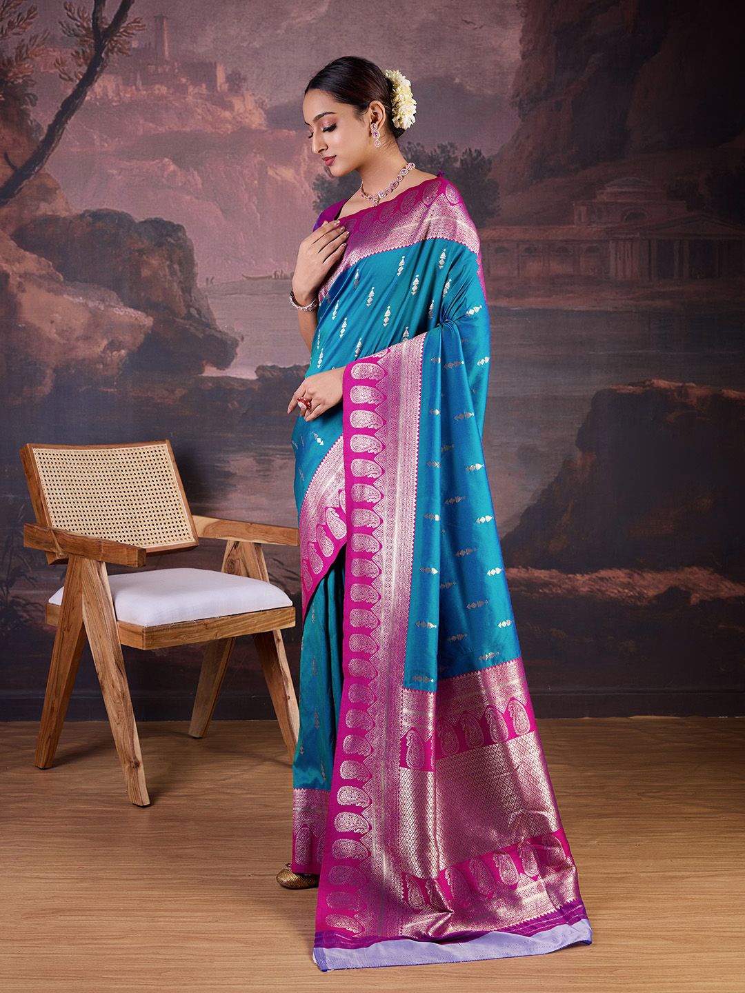 

House of Pataudi Woven Design Banarasi Saree, Turquoise blue