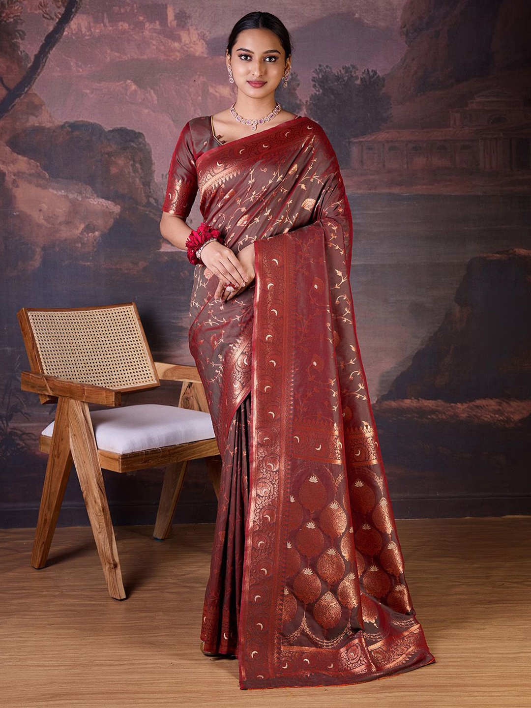 

House of Pataudi Woven Design Banarasi Saree, Maroon