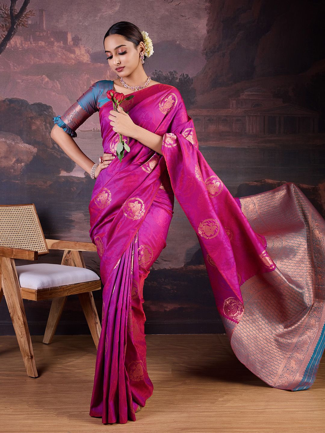

House of Pataudi Woven Design Banarasi Saree, Pink