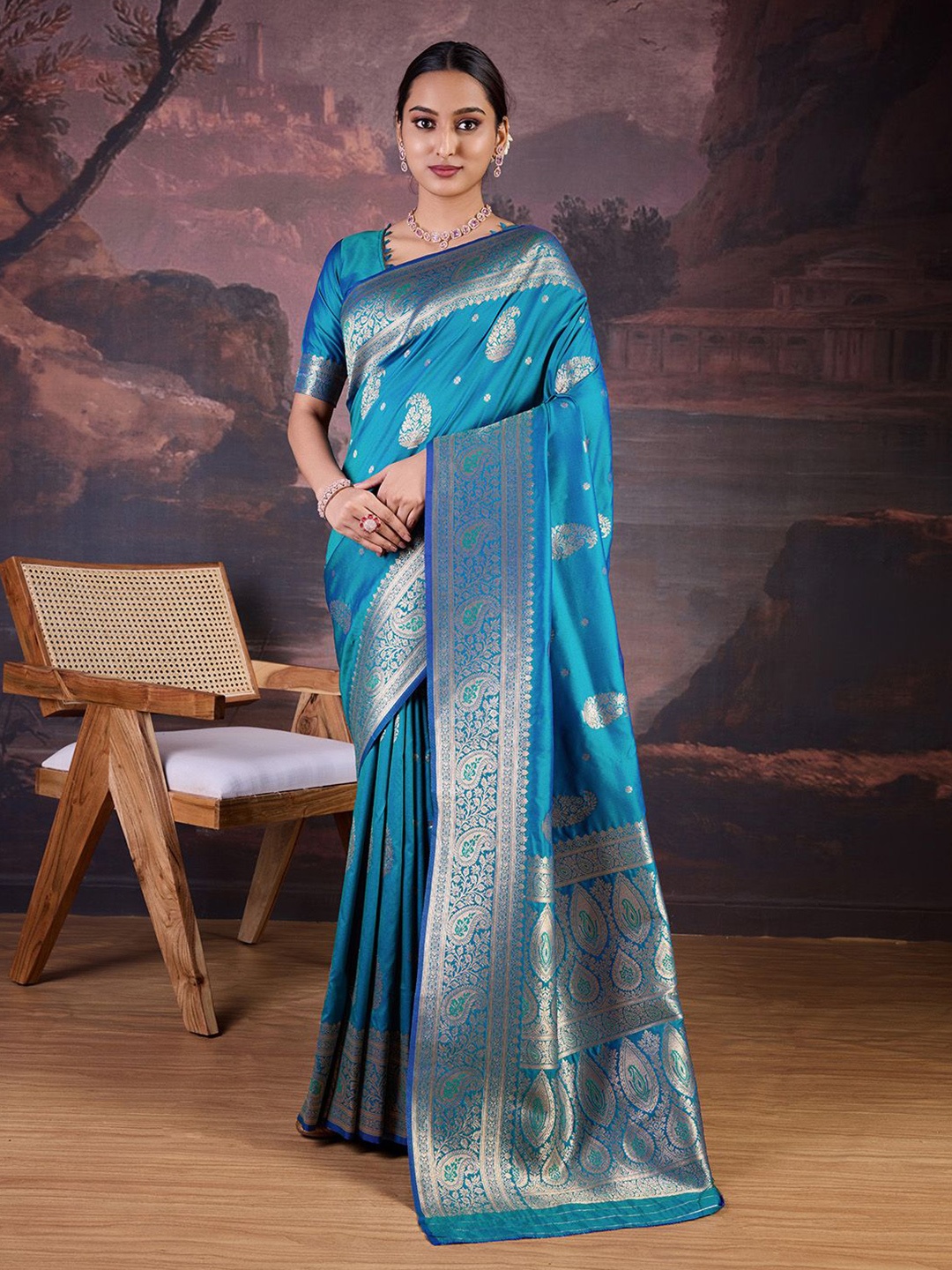

House of Pataudi Woven Design Banarasi Saree, Turquoise blue