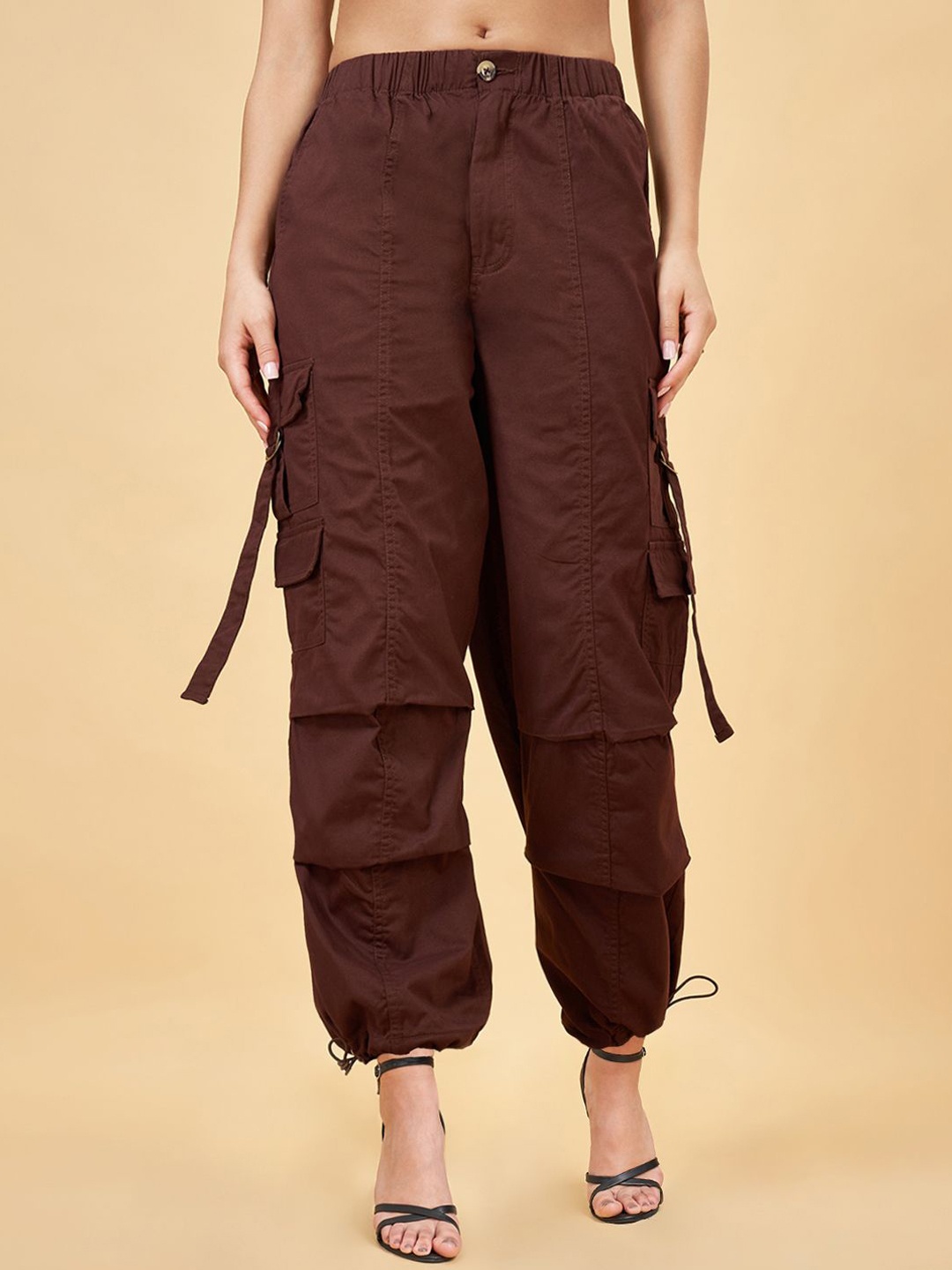 

SF JEANS by Pantaloons Women Cotton Mid-Rise Parachute Trousers, Brown