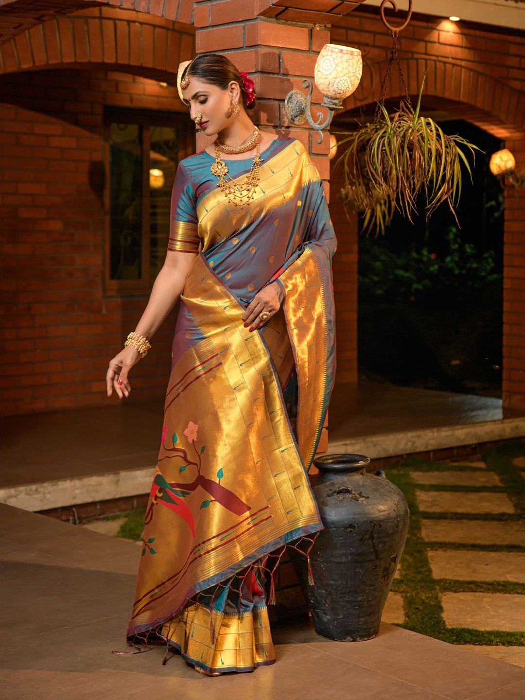 

LeeliPeeri Designer Woven Design Zari Paithani Saree, Teal