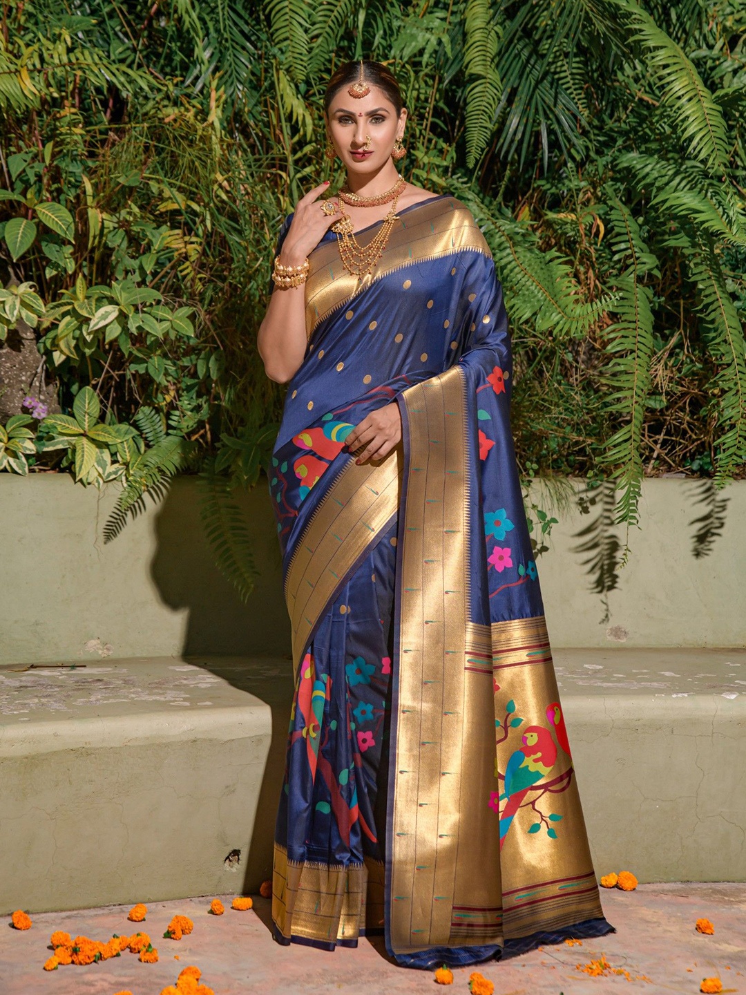 

LeeliPeeri Designer Ethnic Motifs Woven Design Zari Paithani Saree, Navy blue