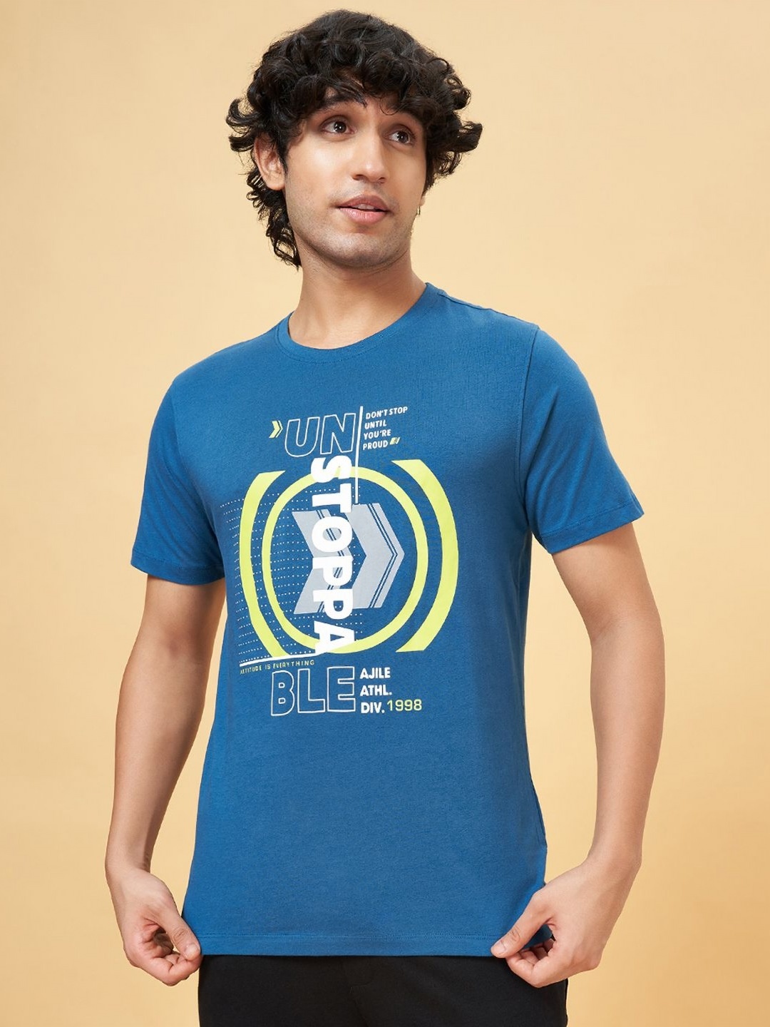 

Ajile by Pantaloons Men Printed Round Neck Cotton Slim Fit Tshirt, Teal