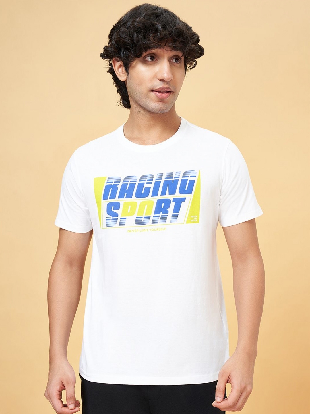 Ajile by Pantaloons Men Printed Round Neck Cotton Slim Fit Tshirt, White