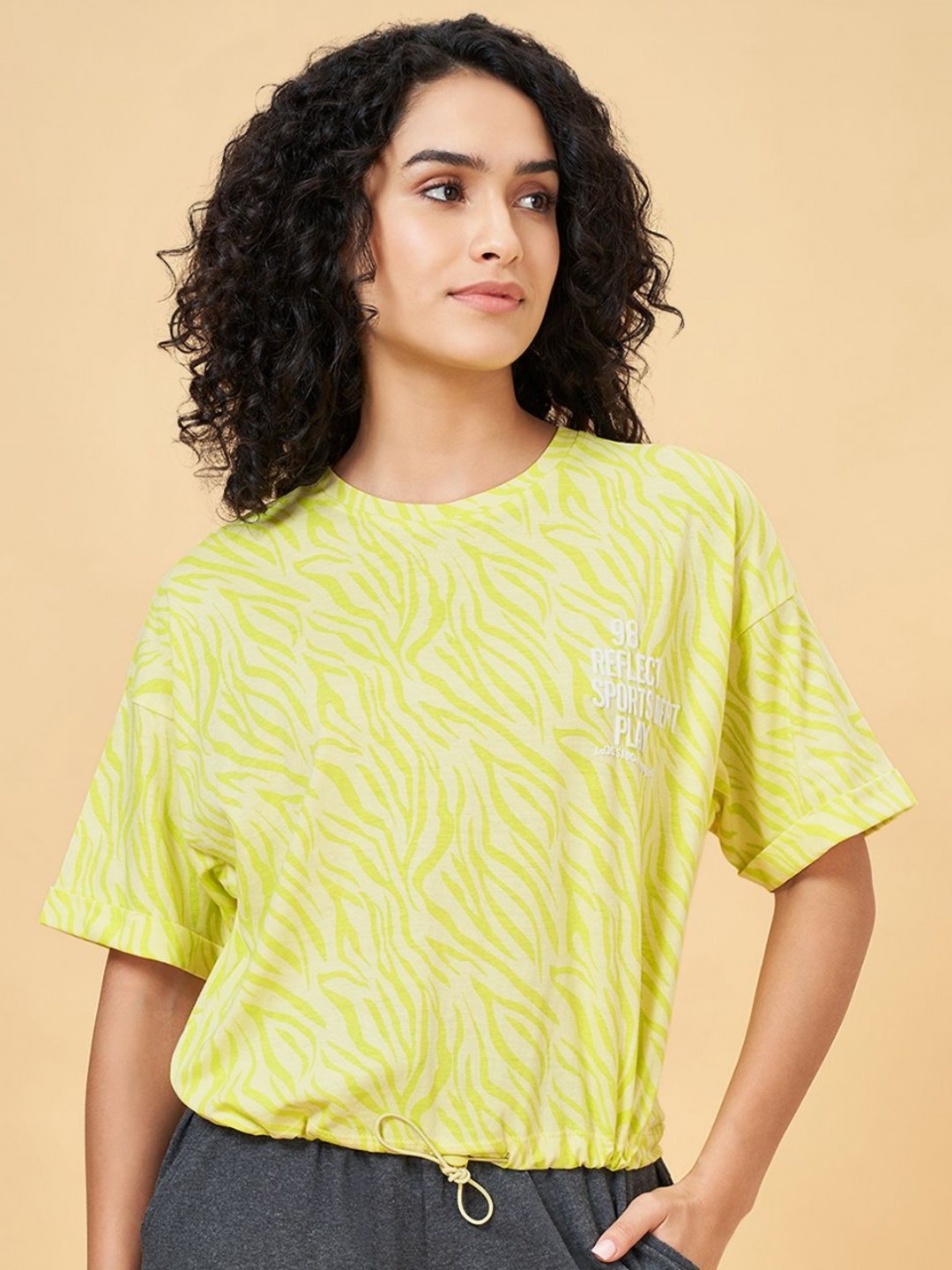 

Ajile by Pantaloons Women Printed High Neck Cotton Oversized Tshirt, Green