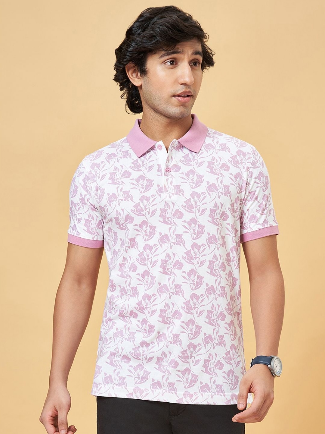 

BYFORD by Pantaloons Men Floral Printed Polo Collar Cotton Slim Fit T-Shirt, Pink