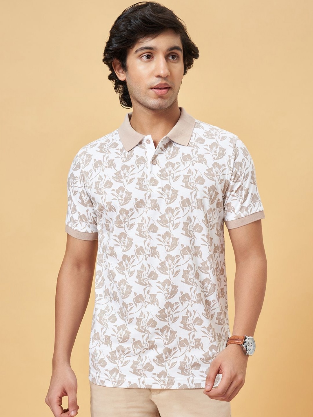 

BYFORD by Pantaloons Men Floral Printed Polo Collar Cotton Slim Fit T-Shirt, Beige