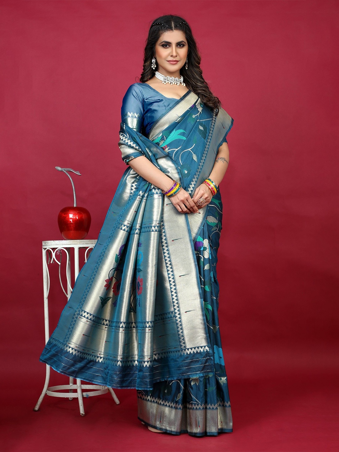 

LeeliPeeri Designer Ethnic Motifs Woven Design Zari Paithani Saree, Navy blue