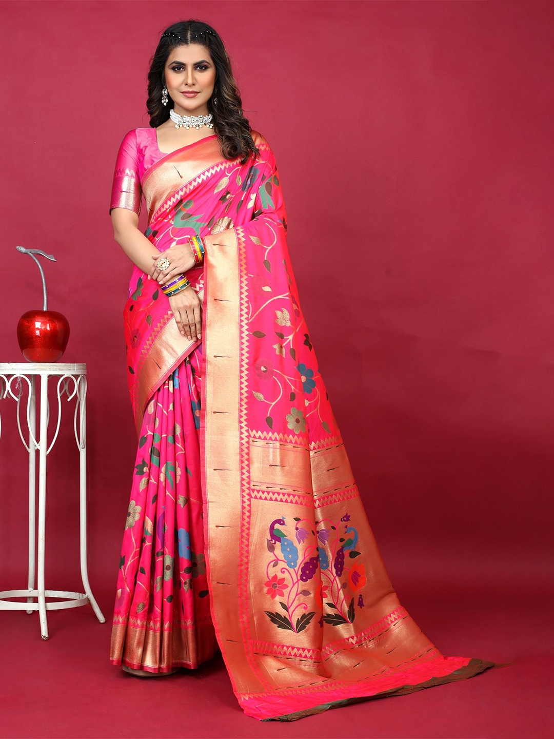 

LeeliPeeri Designer Woven Design Zari Paithani Saree, Pink