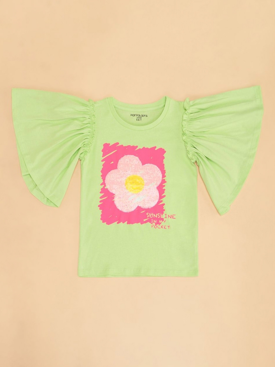 

Pantaloons Junior Girls Printed Round Neck Cotton Relaxed Fit Tshirt, Green
