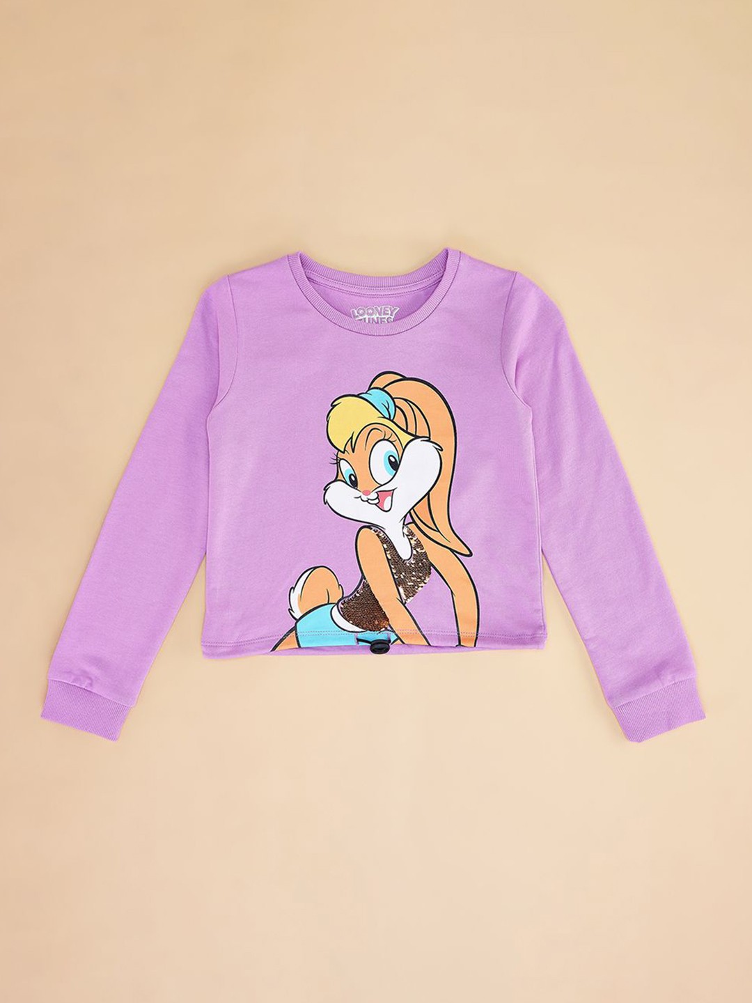 

Pantaloons Junior Girls Printed Round Neck Cotton Relaxed Fit Tshirt, Purple
