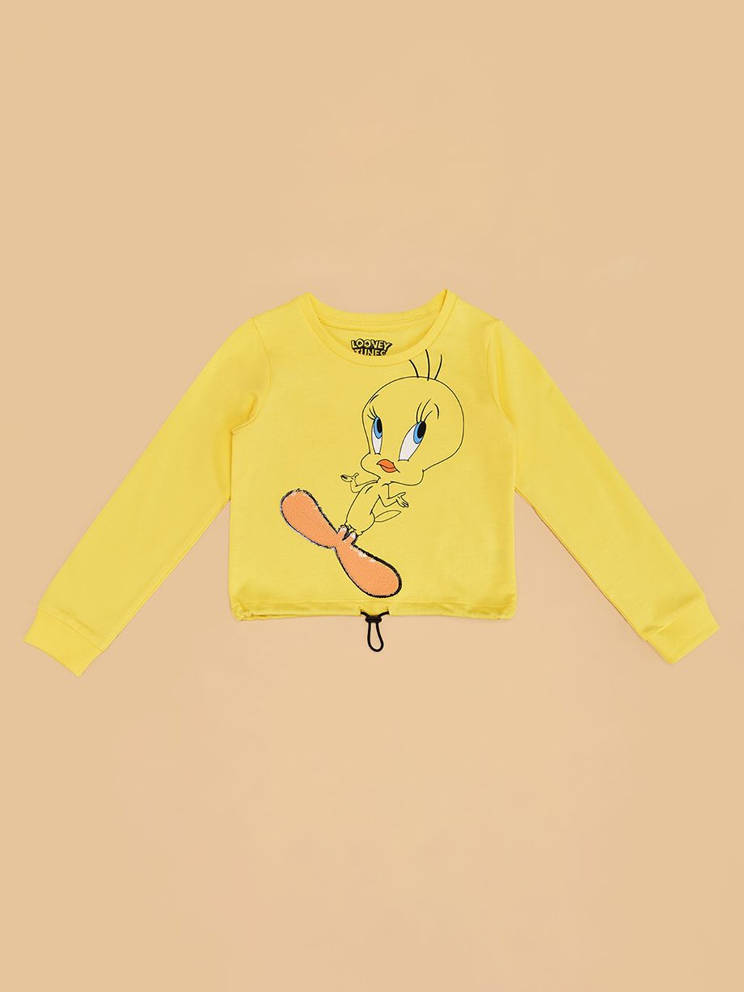 

Pantaloons Junior Girls Printed Round Neck Cotton Relaxed Fit Tshirt, Yellow