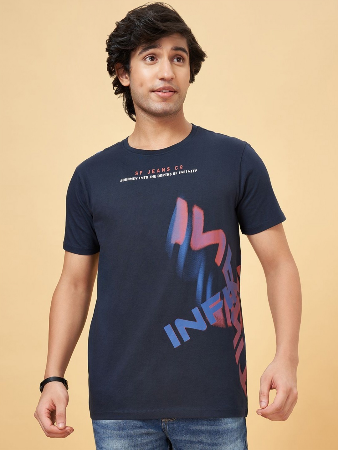 

SF JEANS by Pantaloons Men Printed Round Neck Cotton Slim Fit Tshirt, Teal