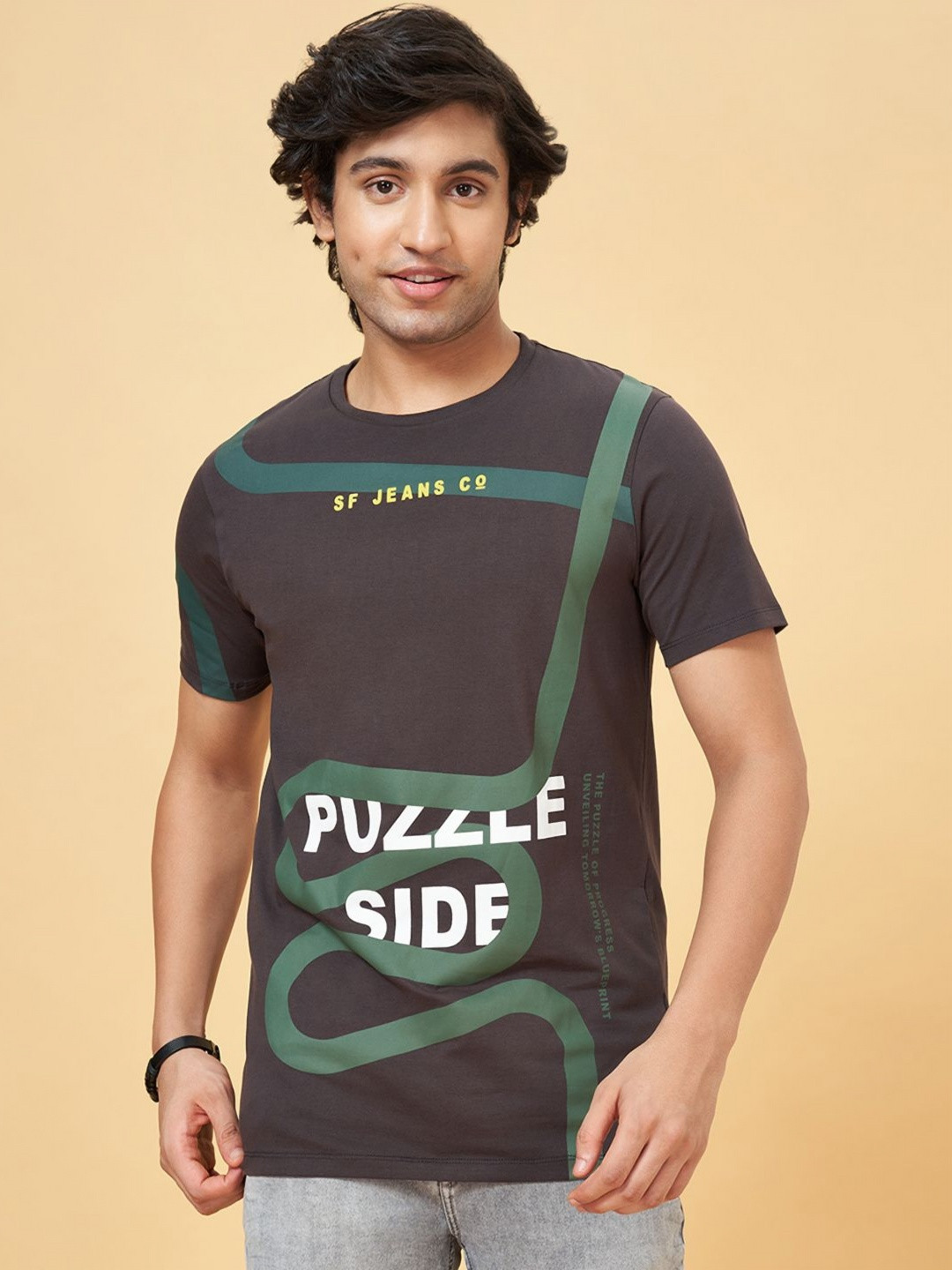 

SF JEANS by Pantaloons Men Printed Round Neck Cotton Slim Fit Tshirt, Green