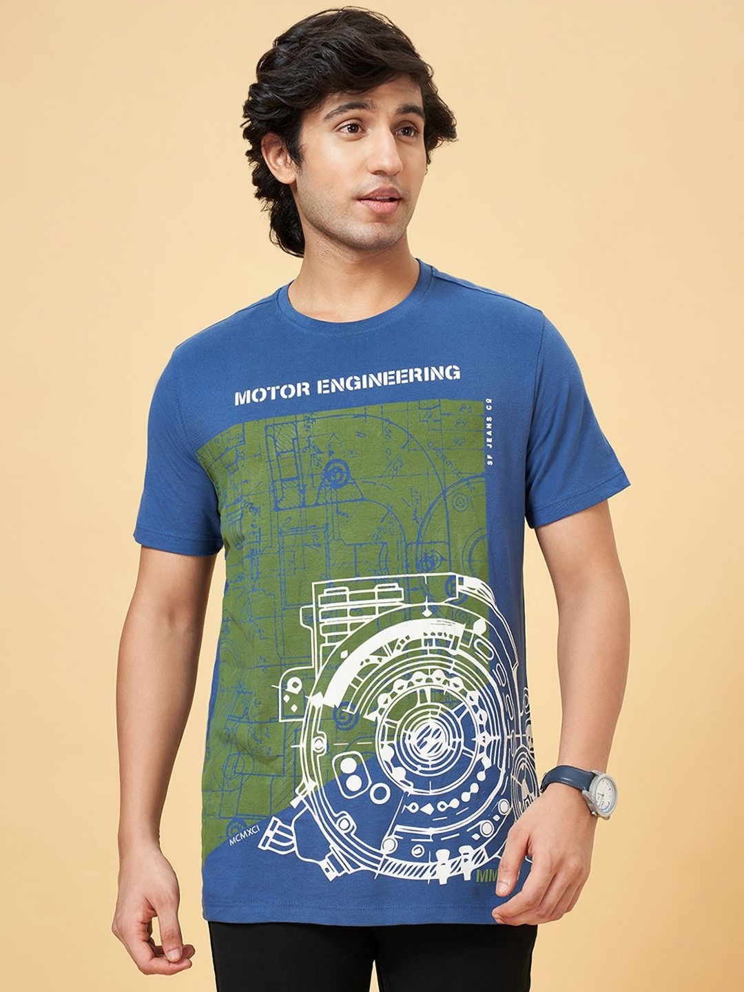 

SF JEANS by Pantaloons Men Printed Round Neck Cotton Slim Fit Tshirt, Blue