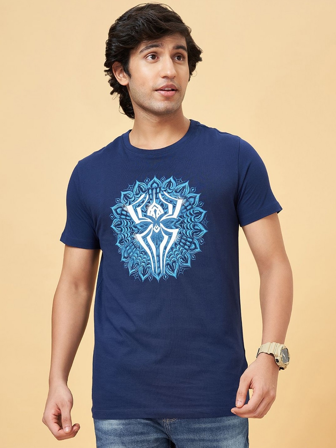 

SF JEANS by Pantaloons Men Printed Round Neck Cotton Slim Fit Tshirt, Blue