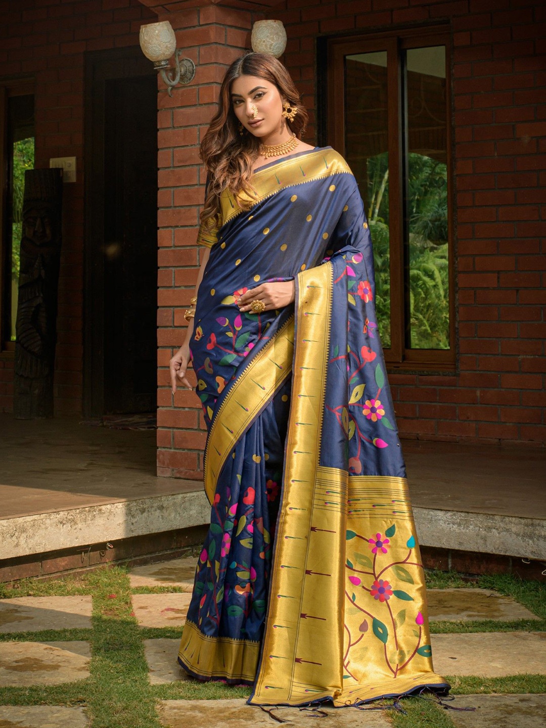 

LeeliPeeri Designer Woven Design Zari Paithani Saree, Navy blue