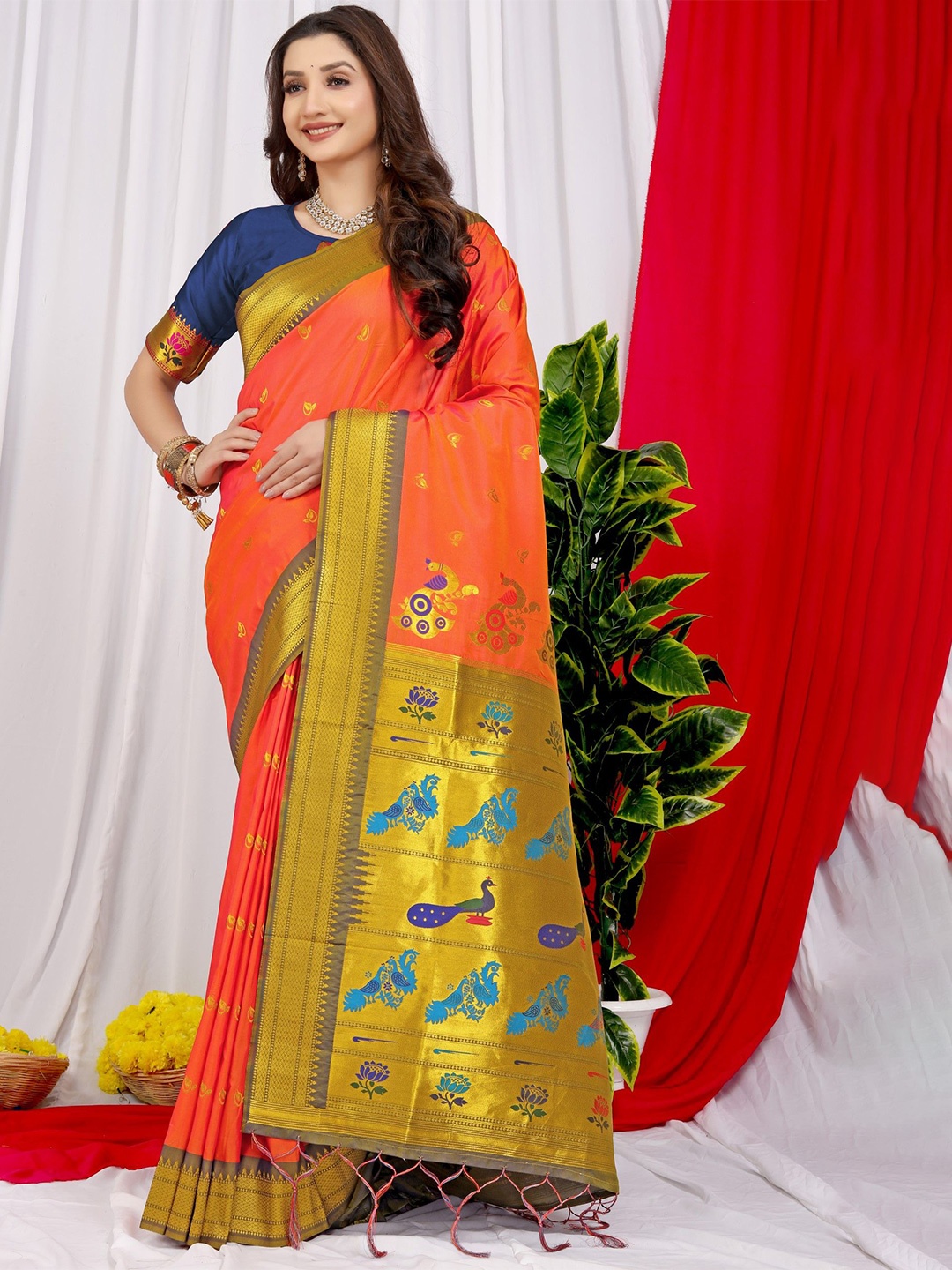 

LeeliPeeri Designer Woven Design Zari Paithani Saree, Orange