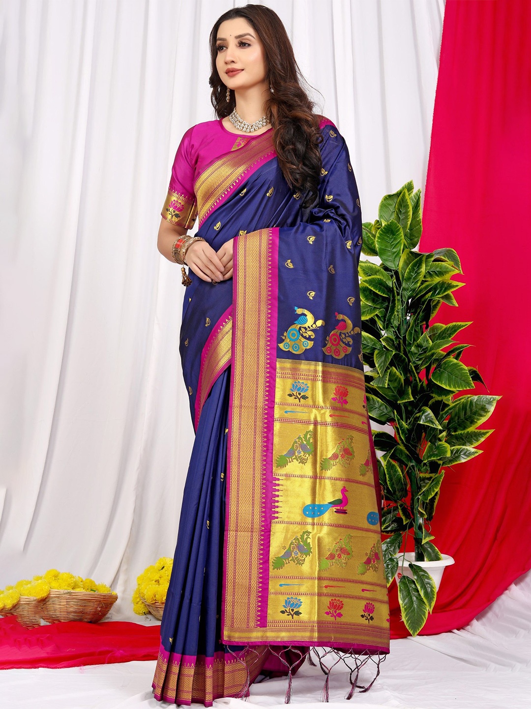 

LeeliPeeri Designer Woven Design Zari Paithani Saree, Navy blue
