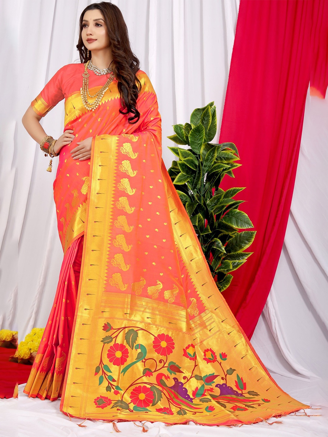 

LeeliPeeri Designer Woven Design Zari Paithani Saree, Peach