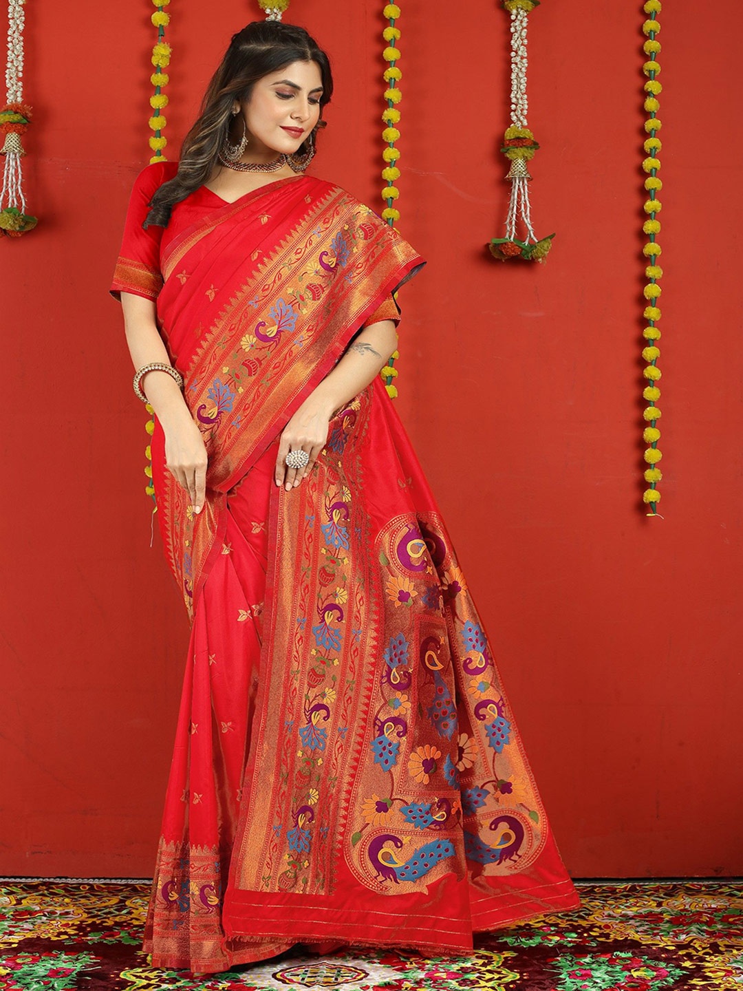 

LeeliPeeri Designer Woven Design Zari Paithani Saree, Red