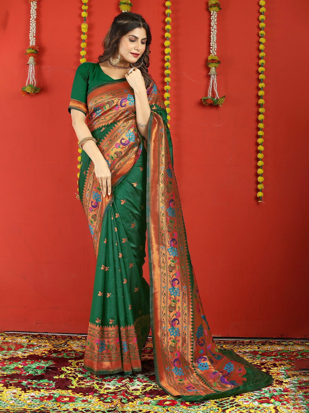 

LeeliPeeri Designer Woven Design Zari Paithani Saree, Green