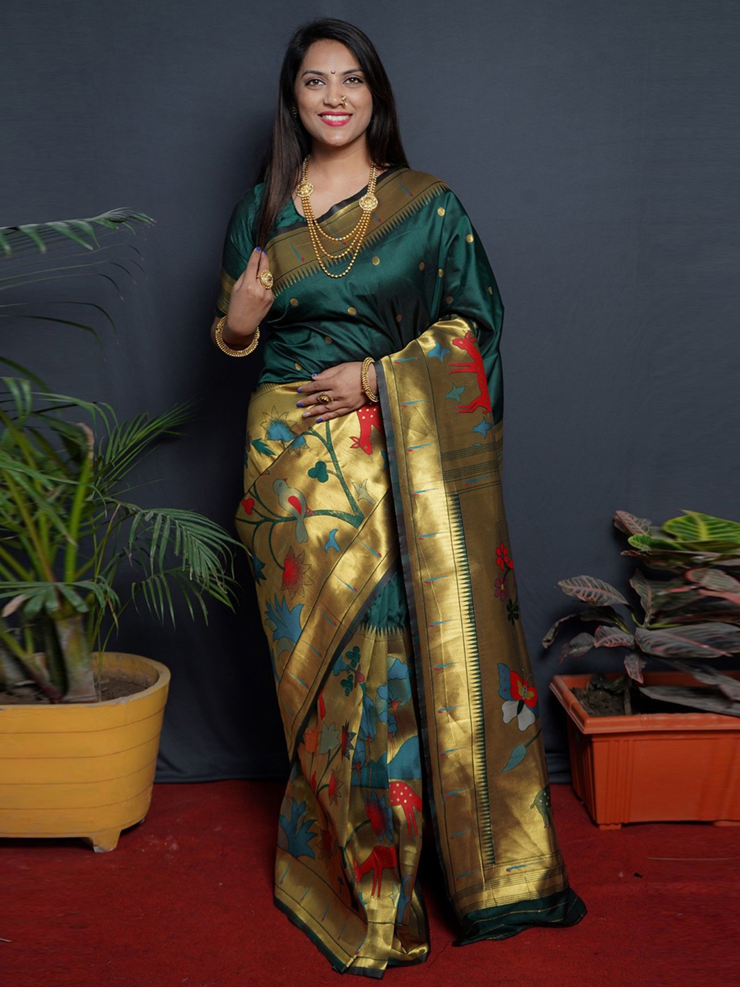 

LeeliPeeri Designer Ethnic Motifs Zari Woven Paithani Saree, Green