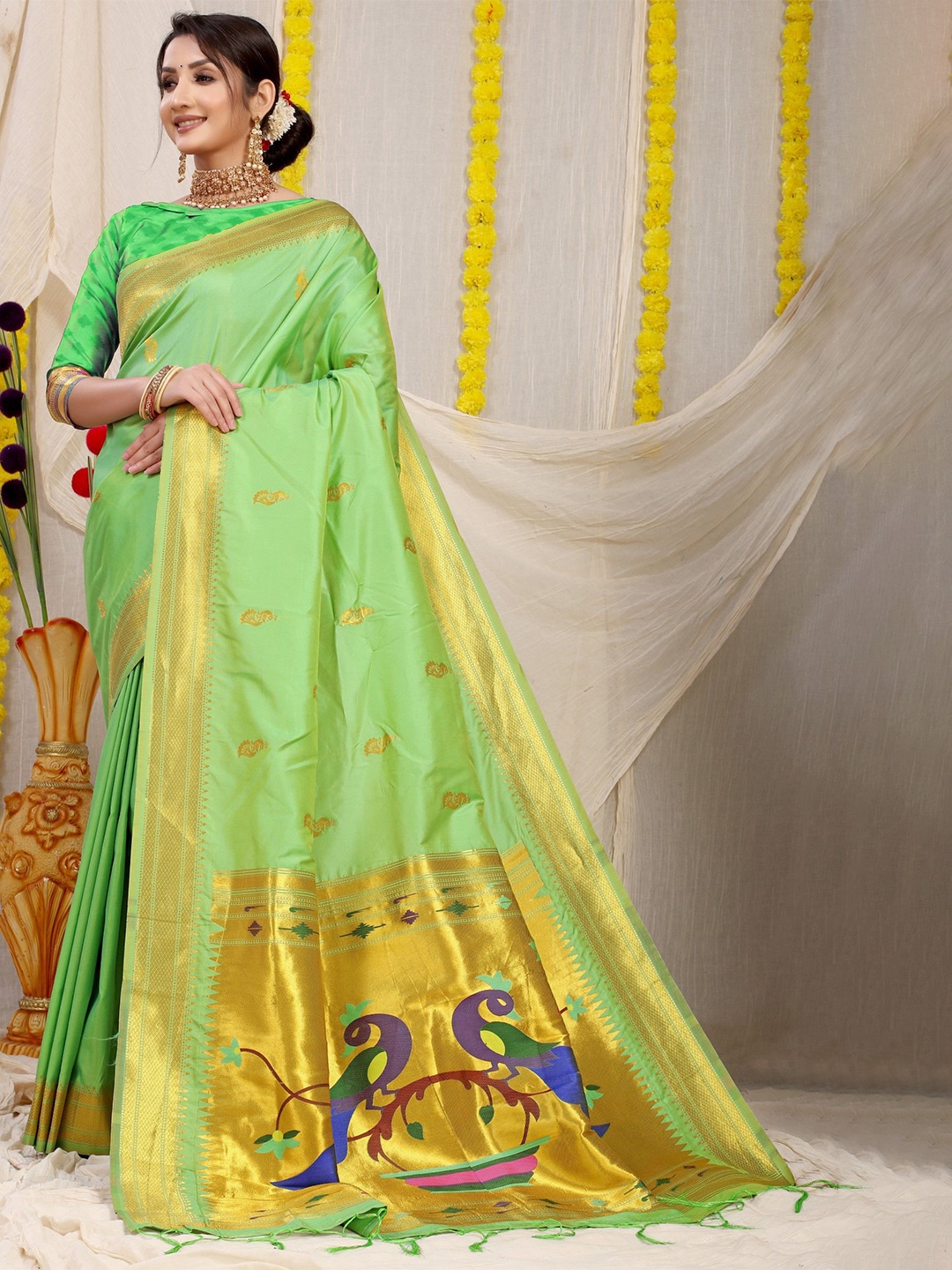 

LeeliPeeri Designer Woven Design Zari Paithani Saree, Lime green