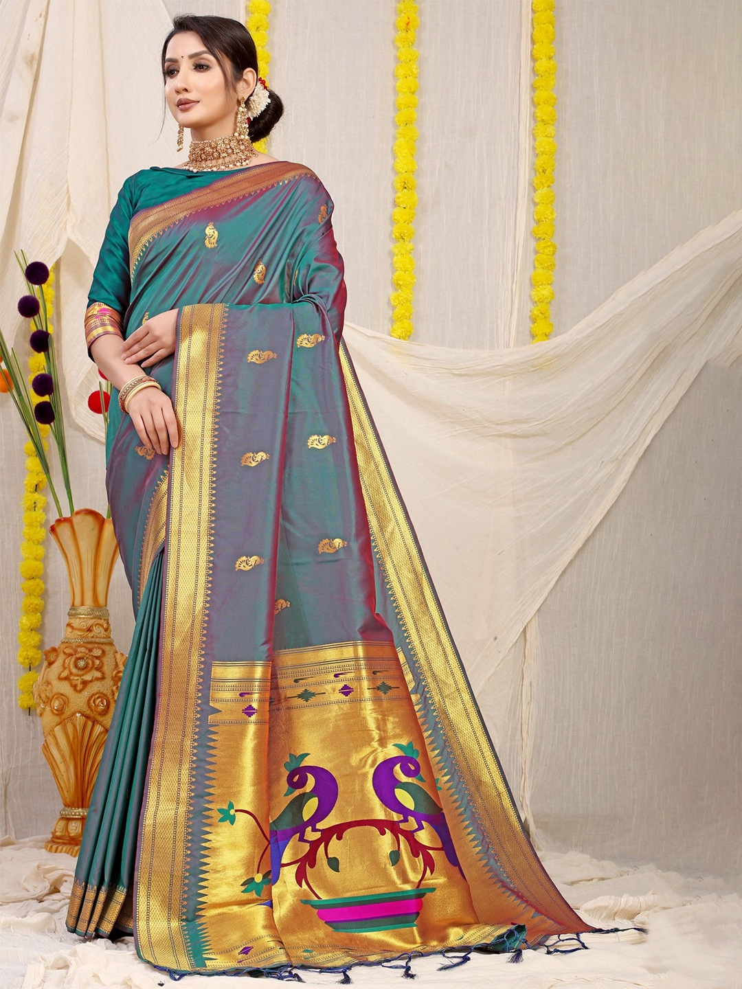 

LeeliPeeri Designer Woven Design Zari Paithani Saree, Teal