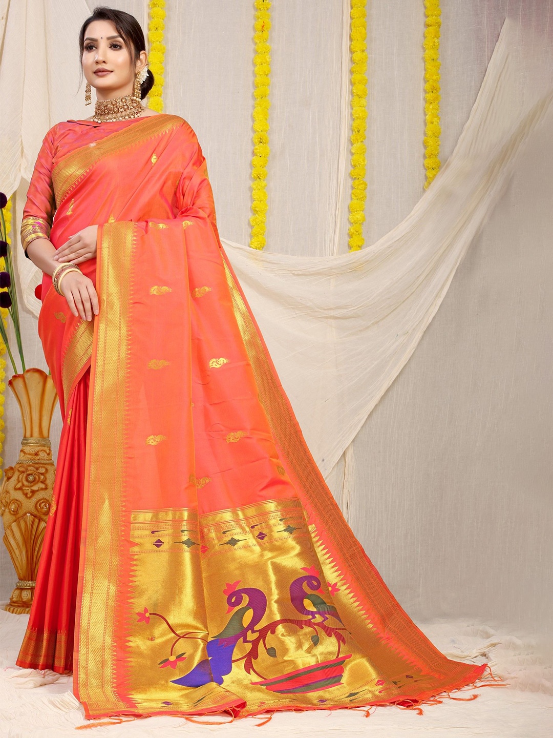 

LeeliPeeri Designer Woven Design Zari Paithani Saree, Orange