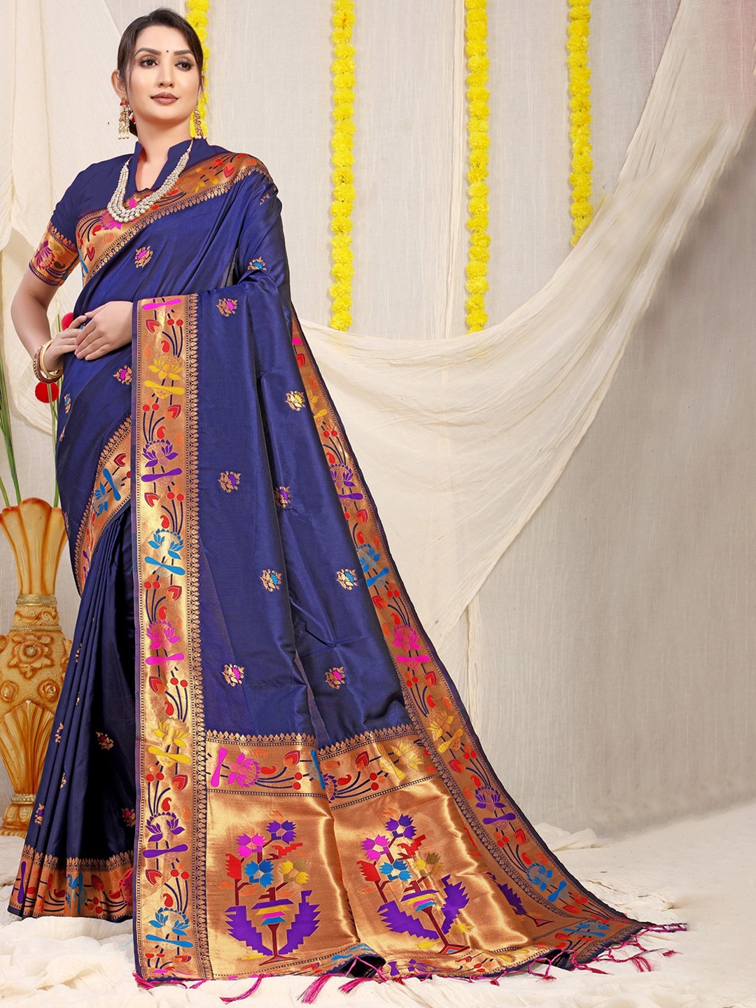 

LeeliPeeri Designer Ethnic Motifs Woven Design Zari Paithani Saree, Navy blue