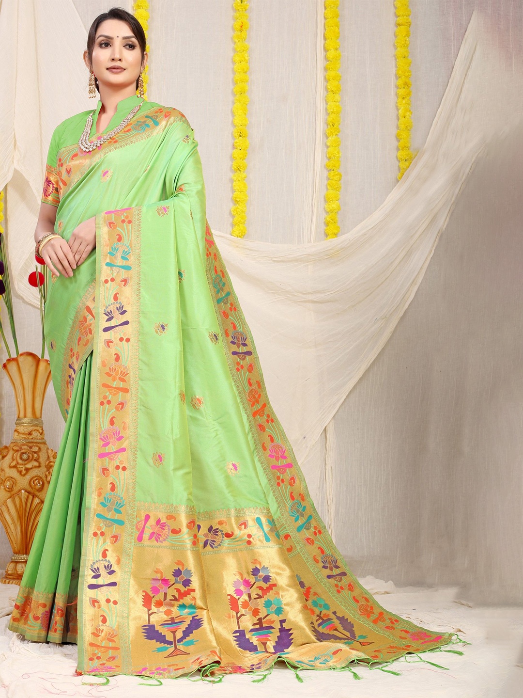 

LeeliPeeri Designer Woven Design Zari Paithani Saree, Lime green