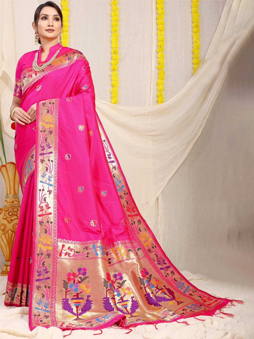 

LeeliPeeri Designer Woven Design Zari Paithani Saree, Pink