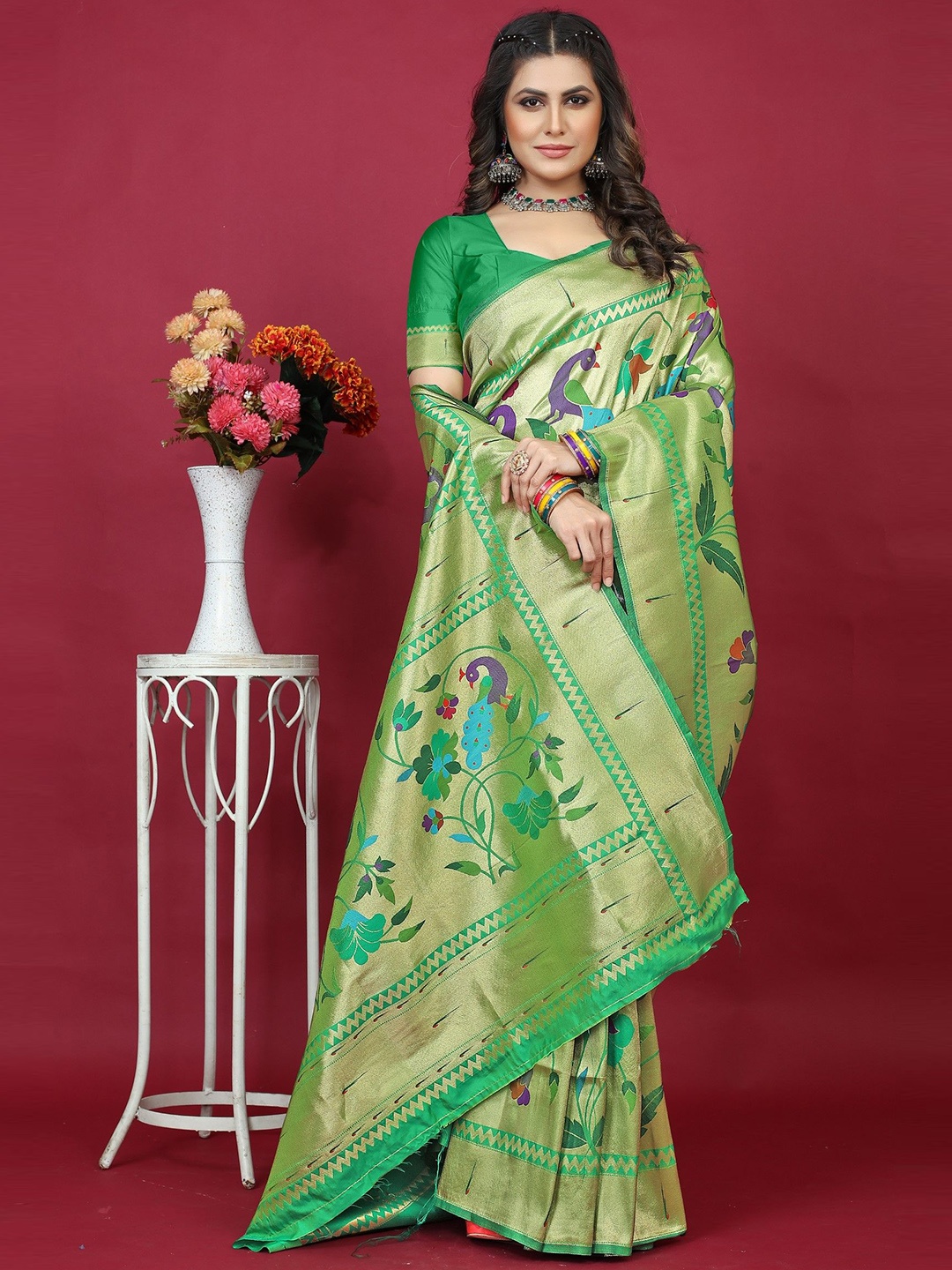 

LeeliPeeri Designer Ethnic Motifs Woven Design Zari Paithani Saree, Green