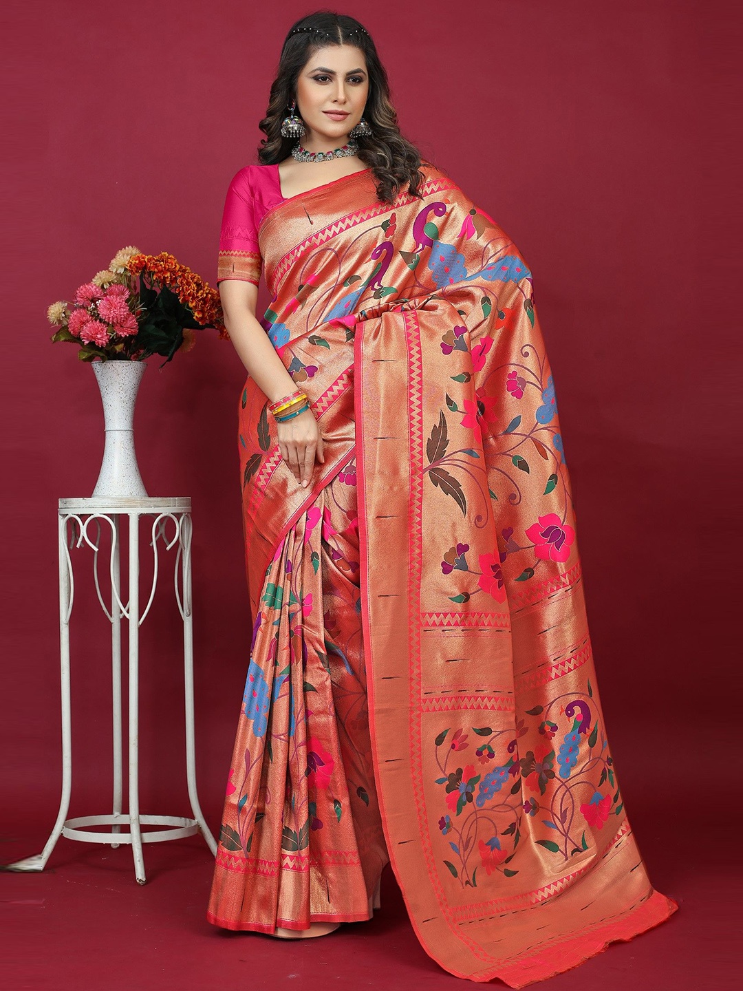 

LeeliPeeri Designer Woven Design Zari Paithani Saree, Pink