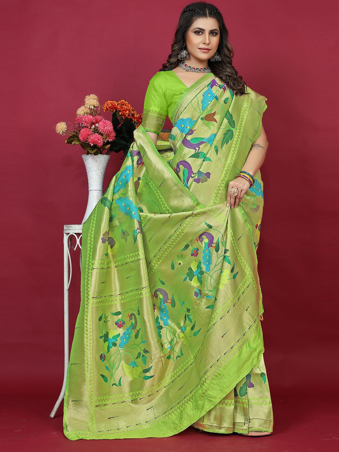 

LeeliPeeri Designer Woven Design Zari Paithani Saree, Lime green