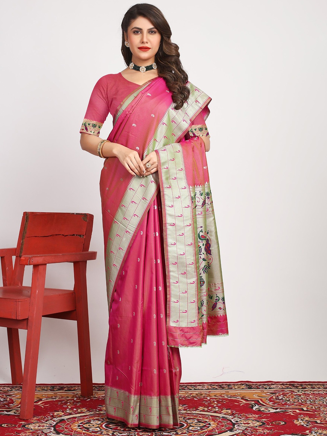 

LeeliPeeri Designer Woven Design Zari Paithani Saree, Pink