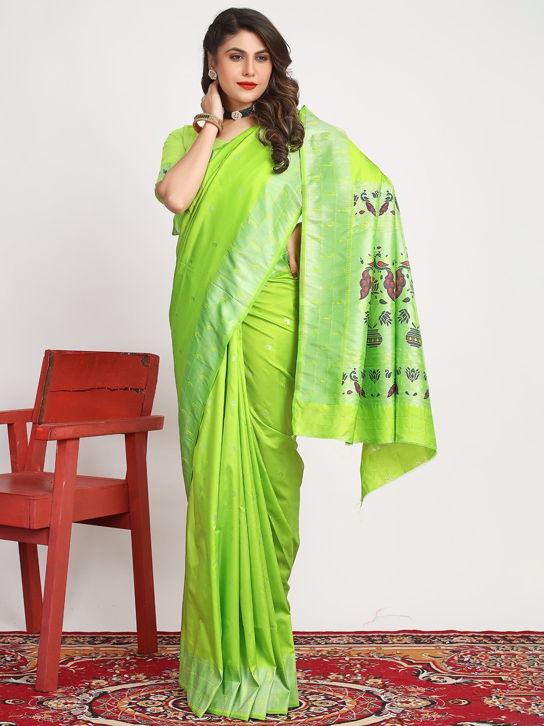 

LeeliPeeri Designer Ethnic Motifs Woven Design Zari Paithani Saree, Lime green