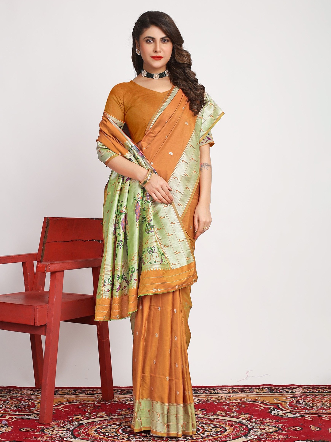 

LeeliPeeri Designer Ethnic Motifs Woven Design Zari Paithani Saree, Orange