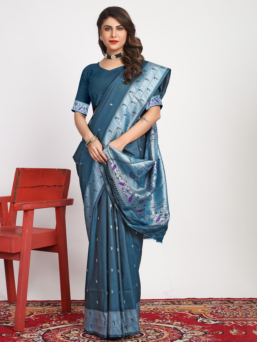 

LeeliPeeri Designer Woven Design Zari Paithani Saree, Teal